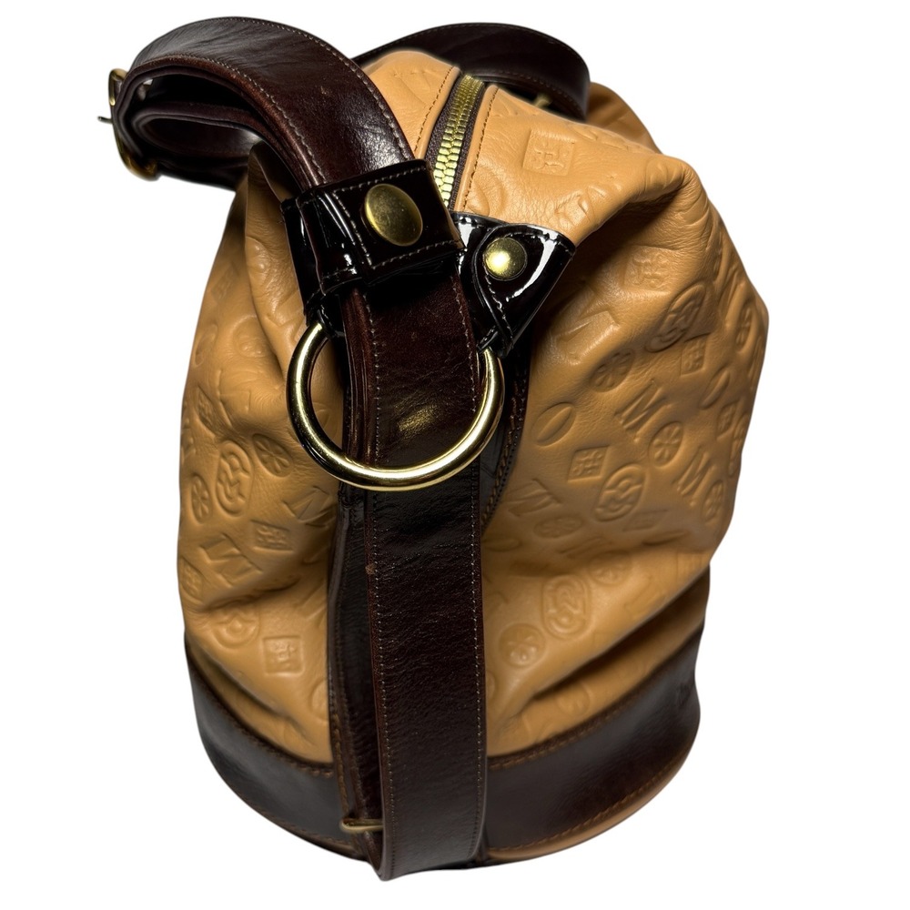 MARINO ORLANDI Vintage Italian Leather Bucket Bag Tan Embossed Monogram Y2K - Picture 8 of 16